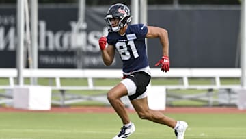 Jun 10, 2025; Houston, TX, USA; Houston Texans wide receiver Jayden Higgins (81) participates in a drill during an NFL football minicamp at NRG Stadium. Mandatory Credit: Maria Lysaker-Imagn Images 