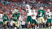 Sep 21, 2024; Tampa, Florida, USA; Miami Hurricanes wide receiver Isaiah Horton (2) scores a touchdown against the South Florida Bulls in the first quarter at Raymond James Stadium. Mandatory Credit: Nathan Ray Seebeck-Imagn Images