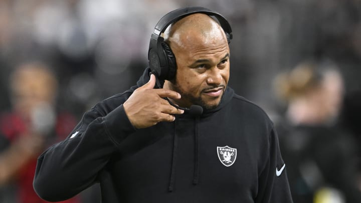 Aug 17, 2024; Paradise, Nevada, USA; Las Vegas Raiders head coach Antonio Pierce at the start of the game against the Dallas Cowboys at Allegiant Stadium. Mandatory Credit: Candice Ward-USA TODAY Sports