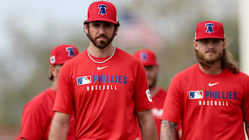  Philadelphia Phillies pitcher Jordan Romano (68) participates in spring training workouts at BayCare Ballpark.