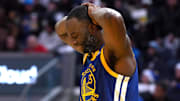 Dec 25, 2024; San Francisco, California, USA; Golden State Warriors forward Draymond Green (23) reacts after a turnover against the Los Angeles Lakers during the fourth quarter at Chase Center. Mandatory Credit: Darren Yamashita-Imagn Images