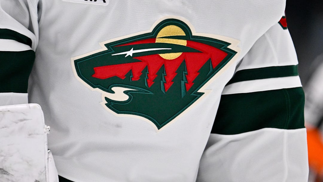 Oct 14, 2025; Dallas, Texas, USA; A view of the Minnesota Wild logo during the game between the Dallas Stars and the Minnesota Wild at American Airlines Center. 