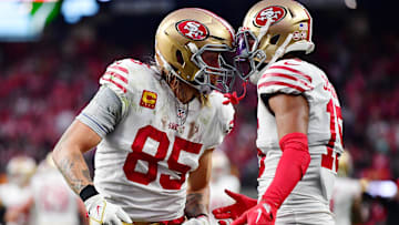 January 1, 2023; Paradise, Nevada, USA; San Francisco 49ers tight end George Kittle (85) celebrates his touchdown scored against the Las Vegas Raiders with wide receiver Jauan Jennings (15) during the first half at Allegiant Stadium. Mandatory Credit: Gary A. Vasquez-Imagn Images