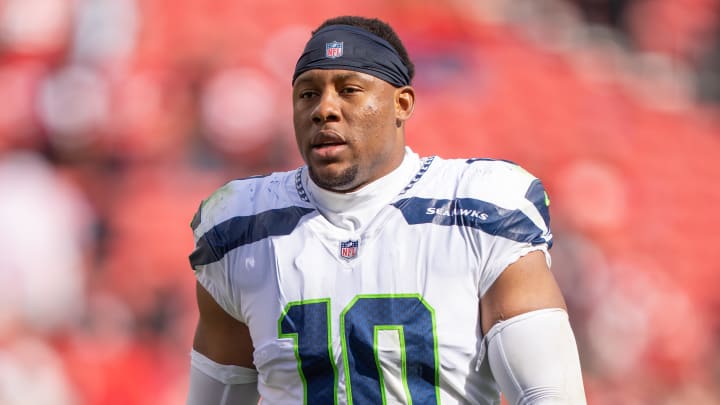 September 18, 2022; Santa Clara, California, USA; Seattle Seahawks linebacker Uchenna Nwosu (10) after the game against the San Francisco 49ers at Levi's Stadium.