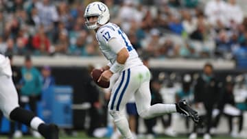 Dec 7, 2025; Jacksonville, Florida, USA;  Indianapolis Colts quarterback Daniel Jones (17)  rolls out against the Jacksonville Jaguars during the first half at EverBank Stadium. Mandatory Credit: Matt Pendleton-Imagn Images