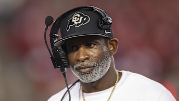Sep 12, 2025; Houston, Texas, USA; Colorado Buffaloes head coach Deion Sanders looks on from the sideline during the first half against the Houston Cougars at TDECU Stadium. Mandatory Credit: Troy Taormina-Imagn Images