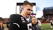 Nov 1, 2025; Minneapolis, Minnesota, USA; Minnesota Golden Gophers quarterback Drake Lindsey (5) celebrates his teams overtime win against the Michigan State Spartans at Huntington Bank Stadium. Mandatory Credit: Matt Krohn-Imagn Images