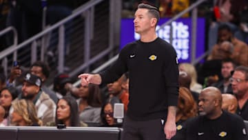Dec 6, 2024; Atlanta, Georgia, USA; Los Angeles Lakers head coach JJ Redick on the sideline against the Atlanta Hawks in the second quarter at State Farm Arena. Mandatory Credit: Brett Davis-Imagn Images