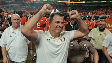 Aug 31, 2025; Miami Gardens, Florida, USA; Miami Hurricanes head coach Mario Cristobal reacts after defeating the Notre Dame Fighting Irish at Hard Rock Stadium. Mandatory Credit: Sam Navarro-Imagn Images