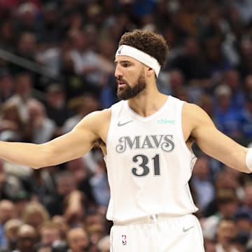 Nov 16, 2024; Dallas, Texas, USA;  Dallas Mavericks guard Klay Thompson (31) reacts during the first half against the San Antonio Spurs at American Airlines Center. Mandatory Credit: Kevin Jairaj-Imagn Images
