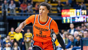 February 22, 2024; Berkeley, California, USA; Oregon State Beavers guard Josiah Lake II (2) dribbles the basketball during the second half against the California Golden Bears at Haas Pavilion. Mandatory Credit: Kyle Terada-USA TODAY Sports