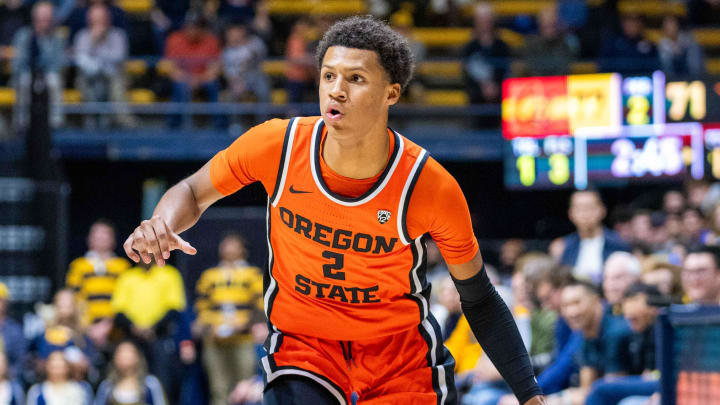 February 22, 2024; Berkeley, California, USA; Oregon State Beavers guard Josiah Lake II (2) dribbles the basketball during the second half against the California Golden Bears at Haas Pavilion. Mandatory Credit: Kyle Terada-USA TODAY Sports