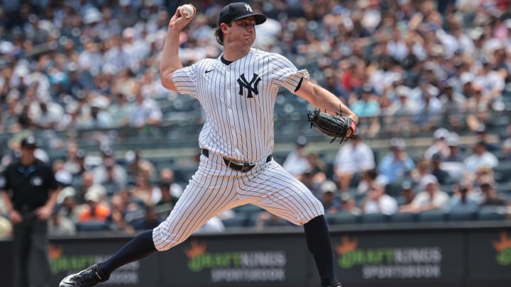 Jul 6, 2024; Bronx, New York, USA; New York Yankees starting pitcher Gerrit Cole (45) delivers a pitch during the first inning against the Boston Red Sox at Yankee Stadium. Mandatory Credit: Vincent Carchietta-USA TODAY Sports