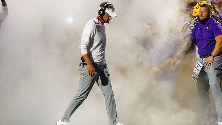Sep 5, 2026; Baton Rouge, Louisiana, USA;  LSU Tigers head coach Lane Kiffin looks on against Clemson Tigers during the first half at Tiger Stadium.  Mandatory Credit: Stephen Lew-Imagn Images