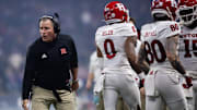 Dec 26, 2024; Phoenix, AZ, USA; Rutgers Scarlet Knights head coach Greg Schiano against the Kansas State Wildcats during the Rate Bowl at Chase Field. Mandatory Credit: Mark J. Rebilas-Imagn Images