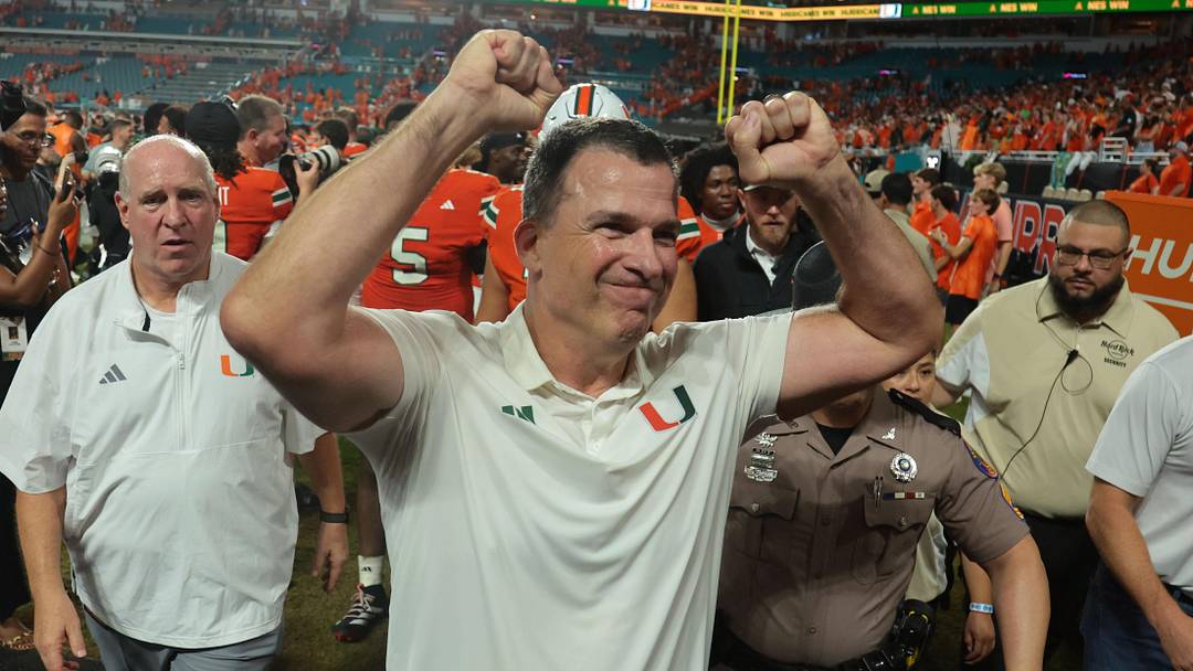 Aug 31, 2025; Miami Gardens, Florida, USA; Miami Hurricanes head coach Mario Cristobal reacts after defeating the Notre Dame Fighting Irish at Hard Rock Stadium. Mandatory Credit: Sam Navarro-Imagn Images
