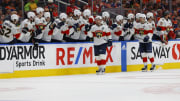 Jun 13, 2024; Edmonton, Alberta, CAN; Florida Panthers right wing Vladimir Tarasenko (10) celebrates goal in the second period against the Edmonton Oilers in game three of the 2024 Stanley Cup Final at Rogers Place. Mandatory Credit: Perry Nelson-USA TODAY Sports