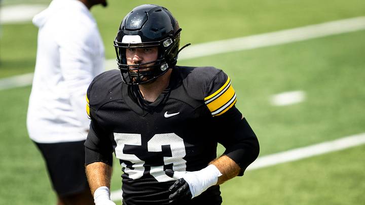 Aug 9, 2025; Iowa offensive lineman Michael Myslinski (53) warms up during the Hawkeyes Kids Day NCAA football open practice at Kinnick Stadium in Iowa City, Iowa. Mandatory Credit: Joseph Cress for the Des Moines Register