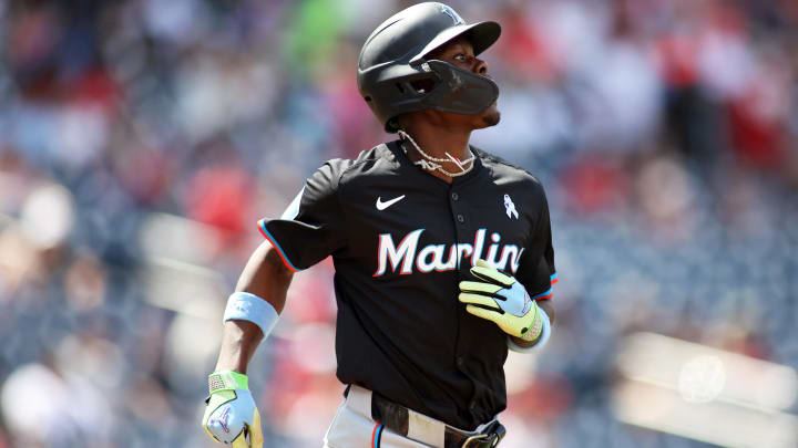 Jun 16, 2024; Washington, District of Columbia, USA; Miami Marlins outfielder Jazz Chisholm Jr. (2) runs towards first base during the seventh inning in a game against the Washington Nationals at Nationals Park.