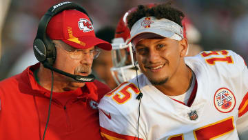 Aug 14, 2021; Santa Clara, California, USA; Kansas City Chiefs head coach Andy Reid talks to quarterback Patrick Mahomes (15) during the third quarter against the San Francisco 49ers at Levi's Stadium. Mandatory Credit: Darren Yamashita-USA TODAY Sports