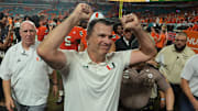 Aug 31, 2025; Miami Gardens, Florida, USA; Miami Hurricanes head coach Mario Cristobal reacts after defeating the Notre Dame Fighting Irish at Hard Rock Stadium.