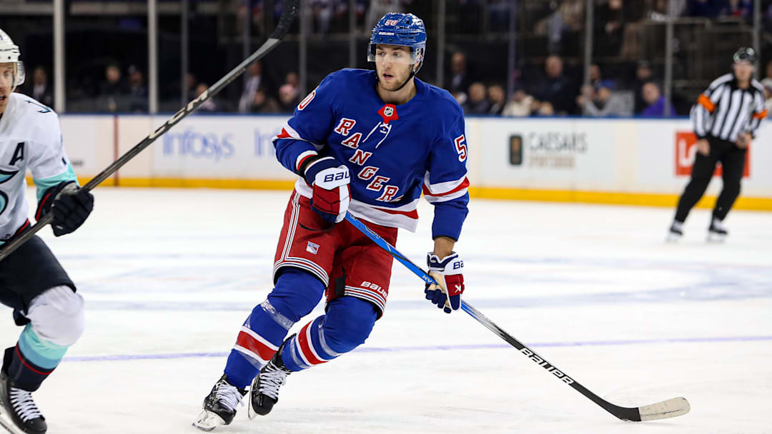 Dec 8, 2024; New York, New York, USA; New York Rangers left wing Will Cuylle (50) skates against the Seattle Kraken during the first period at Madison Square Garden. Mandatory Credit: Danny Wild-Imagn Images