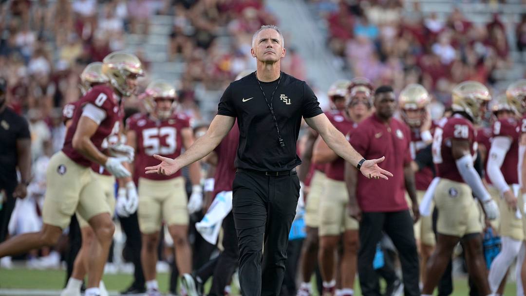 Sep 7, 2026; Tallahassee, Florida, USA;  Florida State Seminoles head coach Mike Norvell enters the field before the game against the Southern Methodist Mustangs at Doak S. Campbell Stadium.  Mandatory Credit: Melina Myers-Imagn Images