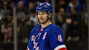 Nov 25, 2024; New York, New York, USA; New York Rangers defenseman Jacob Trouba (8) skates against the St. Louis Blues during the first period at Madison Square Garden. Mandatory Credit: Danny Wild-Imagn Images