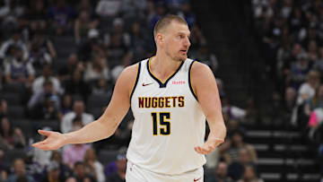Apr 9, 2025; Sacramento, California, USA; Denver Nuggets center Nikola Jokic (15) looks for a call during the second quarter of the game against the Sacramento Kings at Golden 1 Center. Mandatory Credit: Ed Szczepanski-Imagn Images