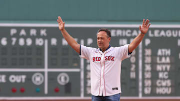 Jun 11, 2025; Boston, Massachusetts, USA; Boston Bruins head coach Marco Sturm throws out the first pitch before a game between the Tampa Bay Rays and the Boston Red Sox at Fenway Park. Mandatory Credit: Paul Rutherford-Imagn Images