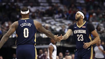 Nov 3, 2017; Dallas, TX, USA; New Orleans Pelicans forward Anthony Davis (23) and center DeMarcus Cousins (0) react during the first quarter against the Dallas Mavericks at American Airlines Center. Mandatory Credit: Kevin Jairaj-Imagn Images