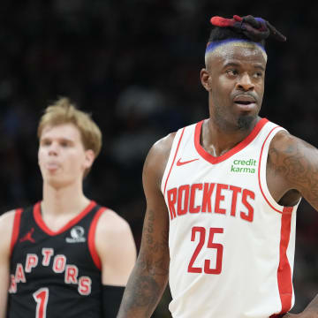 Feb 9, 2024; Toronto, Ontario, CAN; Houston Rockets forward Reggie Bullock Jr. (25) during a break in the action against the Toronto Raptors during the second half at Scotiabank Arena. Mandatory Credit: John E. Sokolowski-USA TODAY Sports