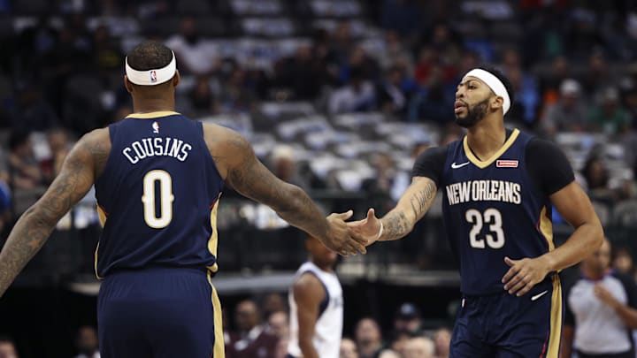 Nov 3, 2017; Dallas, TX, USA; New Orleans Pelicans forward Anthony Davis (23) and center DeMarcus Cousins (0) react during the first quarter against the Dallas Mavericks at American Airlines Center. Mandatory Credit: Kevin Jairaj-Imagn Images