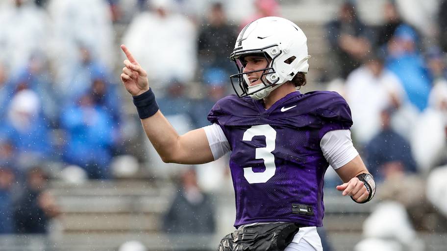 Penn State Nittany Lions quarterback Rocco Becht reacts during the Penn State Blue-White Spring game.