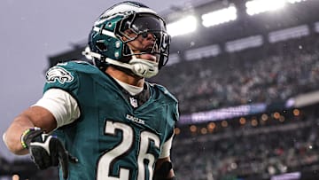  Philadelphia Eagles running back Saquon Barkley (26) reacts to his touchdown against the Los Angeles Rams in a 2025 NFC divisional round game at Lincoln Financial Field.