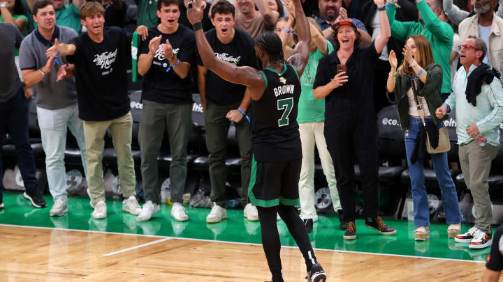 Jun 9, 2024; Boston, Massachusetts, USA; Boston Celtics guard Jaylen Brown (7) reacts after a play against the Dallas Mavericks during the fourth quarter in game two of the 2024 NBA Finals at TD Garden. Mandatory Credit: Peter Casey-USA TODAY Sports