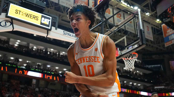 Tennessee forward Nate Ament (10) celebrates making a basket and getting fouled on during a NCAA basketball game between the Tennessee Volunteers and Auburn Tigers at Thompson-Boling Arena at Food City Center in Knoxville, Tenn., on Jan. 31, 2026.