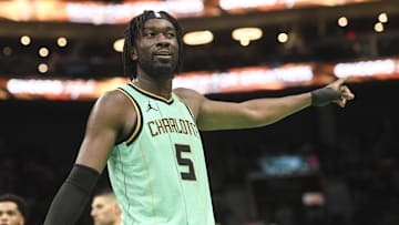 Dec 30, 2024; Charlotte, North Carolina, USA;  Charlotte Hornets center Mark Williams (5) reacts to a foul call during the second half against the Chicago Bulls at the Spectrum Center. Mandatory Credit: Sam Sharpe-Imagn Images