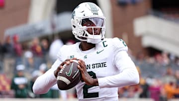 Nov 1, 2025; Minneapolis, Minnesota, USA; Michigan State Spartans quarterback Aidan Chiles (2) warms up before the game against the Minnesota Golden Gophers at Huntington Bank Stadium. Mandatory Credit: Matt Krohn-Imagn Images