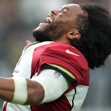 Sep 18, 2022; Paradise, Nevada, USA; Arizona Cardinals quarterback Kyler Murray (1) celebrates after the Cardinals defeated the Las Vegas Raiders 29-23 in overtime at Allegiant Stadium. Mandatory Credit: Stephen R. Sylvanie-Imagn Images