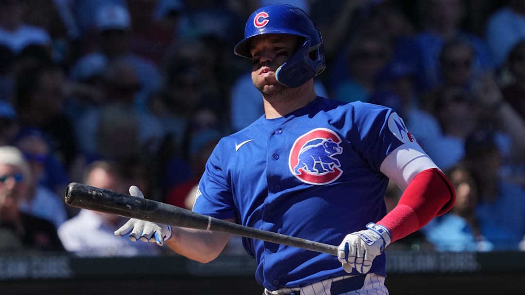 Mar 12, 2026; Mesa, Arizona, USA; Chicago Cubs left fielder Chas McCormick (55) reacts after striking out against the Seattle Mariners in the second inning at Sloan Park. Mandatory Credit: Rick Scuteri-Imagn Images Mar 12, 2026; Mesa, Arizona, USA; Chicago Cubs left fielder Chas McCormick (55) reacts after striking out against the Seattle Mariners in the second inning at Sloan Park. Mandatory Credit: Rick Scuteri-Imagn Images