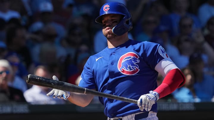 Mar 12, 2026; Mesa, Arizona, USA; Chicago Cubs left fielder Chas McCormick (55) reacts after striking out against the Seattle Mariners in the second inning at Sloan Park. Mandatory Credit: Rick Scuteri-Imagn Images