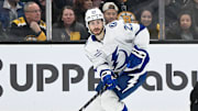 Mar 15, 2025; Boston, Massachusetts, USA; Tampa Bay Lightning right wing Oliver Bjorkstrand (22) skates with the puck during the second period against the Boston Bruins at TD Garden. Mandatory Credit: Eric Canha-Imagn Images