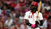 Cincinnati Reds shortstop Elly De La Cruz (44) prepares to bat in the second inning between Cincinnati Reds and Pittsburg Pirates at Great American Ball Park in Cincinnati on Sept. 24, 2025.