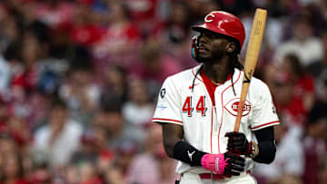 Cincinnati Reds shortstop Elly De La Cruz (44) prepares to bat in the second inning between Cincinnati Reds and Pittsburg Pirates at Great American Ball Park in Cincinnati on Sept. 24, 2025.