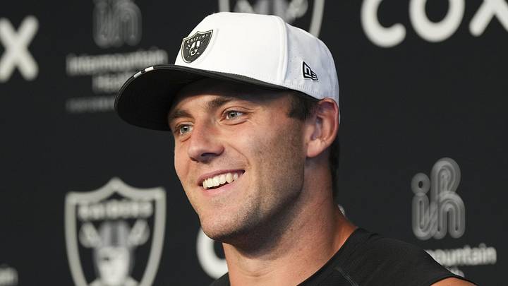 Las Vegas Raiders tight end Brock Bowers speaks during a news conference during organized team activities.