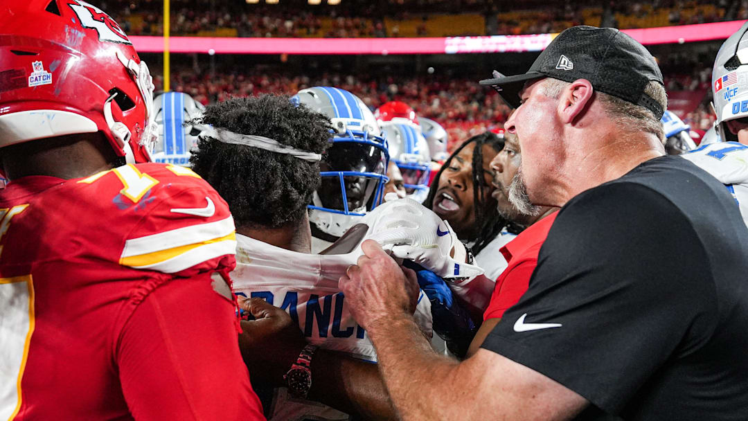 Detroit Lions head coach Dan Campbell tries pull safety Brian Branch out from the scuffle after 30-17 loss to Kansas City Chiefs at Arrowhead Stadium in Kansas City, Missouri on Sunday, Oct. 12, 2025.