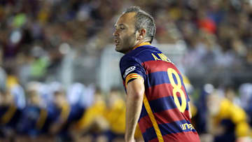 July 21, 2015; Los Angeles, CA, USA; Barcelona midfielder Andres Iniesta (8) in action against Los Angeles Galaxy during the second half at Rose Bowl. Mandatory Credit: Gary A. Vasquez-Imagn Images
