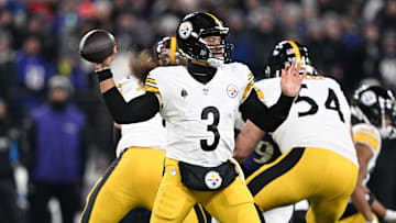Jan 11, 2025; Baltimore, Maryland, USA; Pittsburgh Steelers quarterback Russell Wilson (3) passes in the second quarter against the Baltimore Ravens in an AFC wild card game at M&T Bank Stadium. Mandatory Credit: Tommy Gilligan-Imagn Images