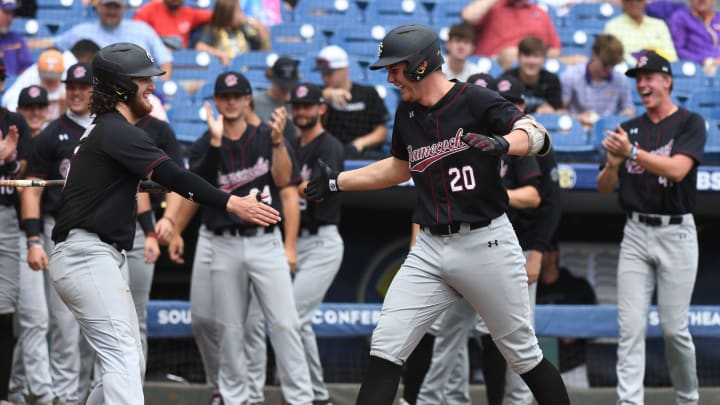 South Carolina batter Ethan Petry is congratulated by teammates after hitting a home run against LSU during the second round of the SEC Baseball Tournament at the Hoover Met Wednesday, May 24, 2023.